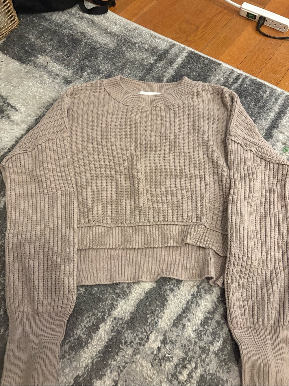 Cropped Ribbed Crewneck Sweater — Taupe